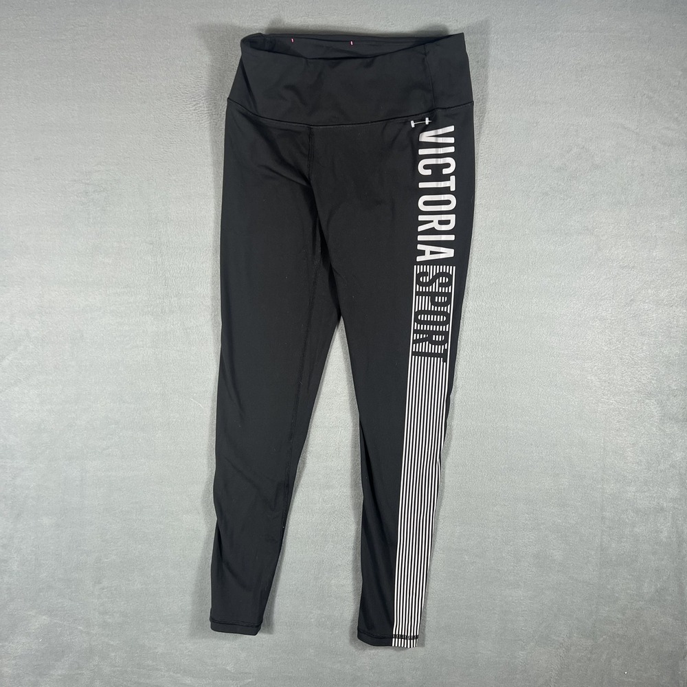 Victoria's Secret VSX Sport Leggings Women's M Black White Striped Athletic Gym
